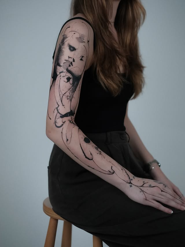 Sketch-style full sleeve tattoo with portrait and flowing vine linework