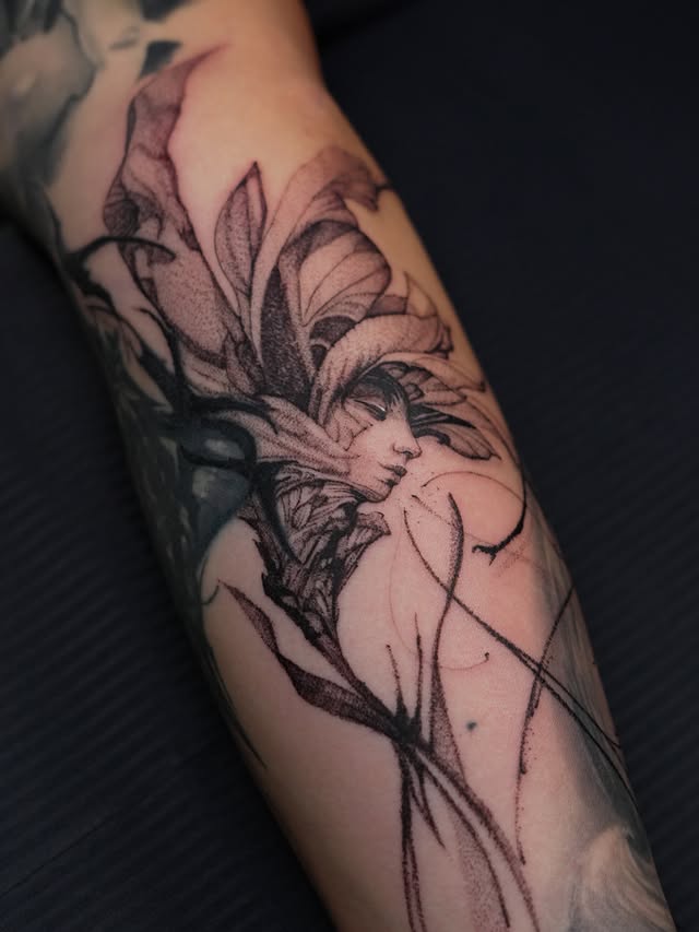 Woman with flower headdress forearm tattoo