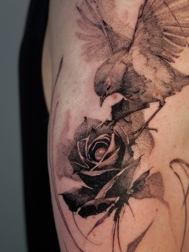Close-up of bird and rose tattoo